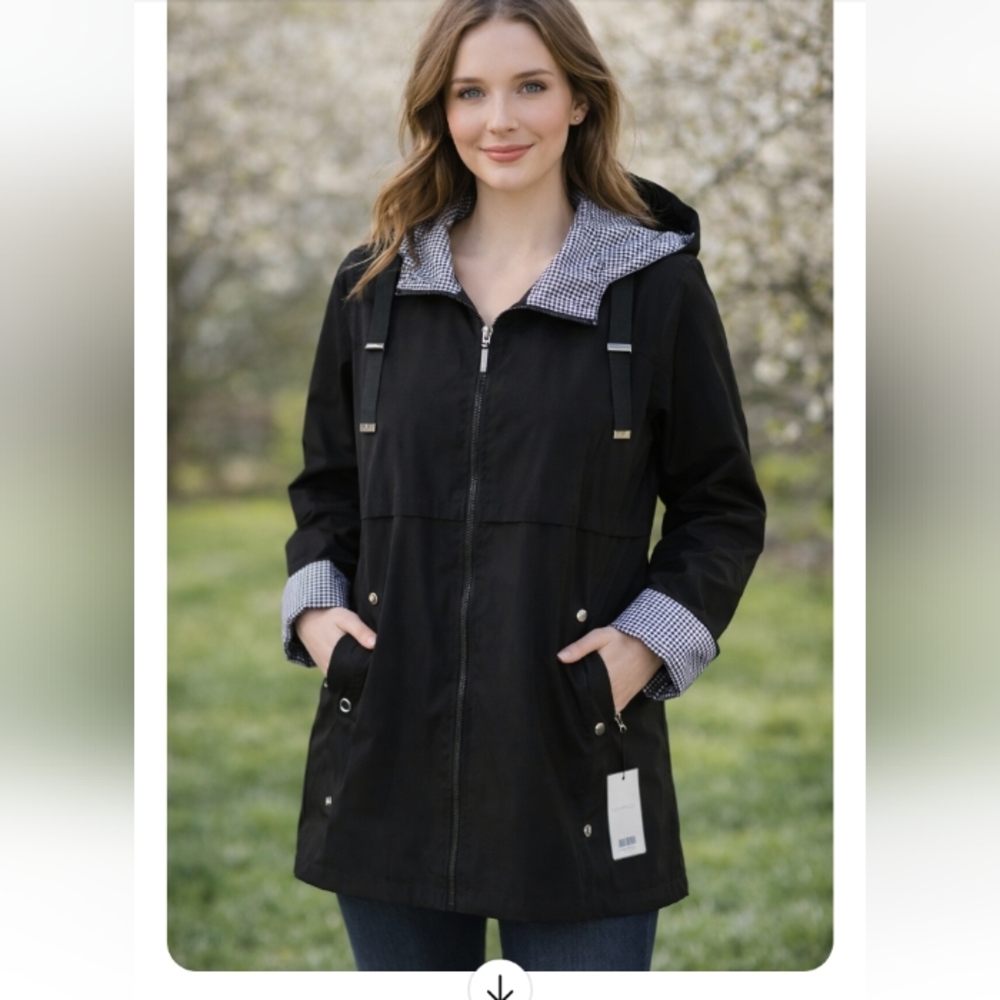 Gallery Black & White Checkered Waterproof Hooded Jacket | Size M | NWT
